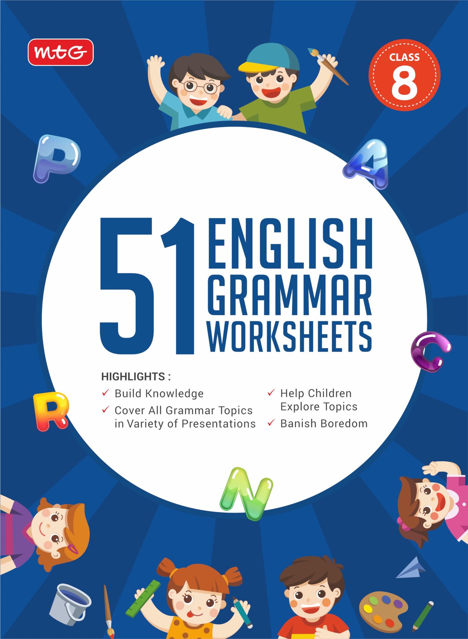 MTG 51 English Grammar Worksheets Class 8 – Grammar Work books to practice English concepts in interactive way (Based on CBSE/NCERT)